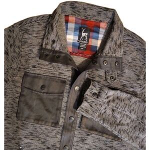 Kane & Unke Mens Large Black Gray Utility Jacket Cotton Snap Button Faux Leather